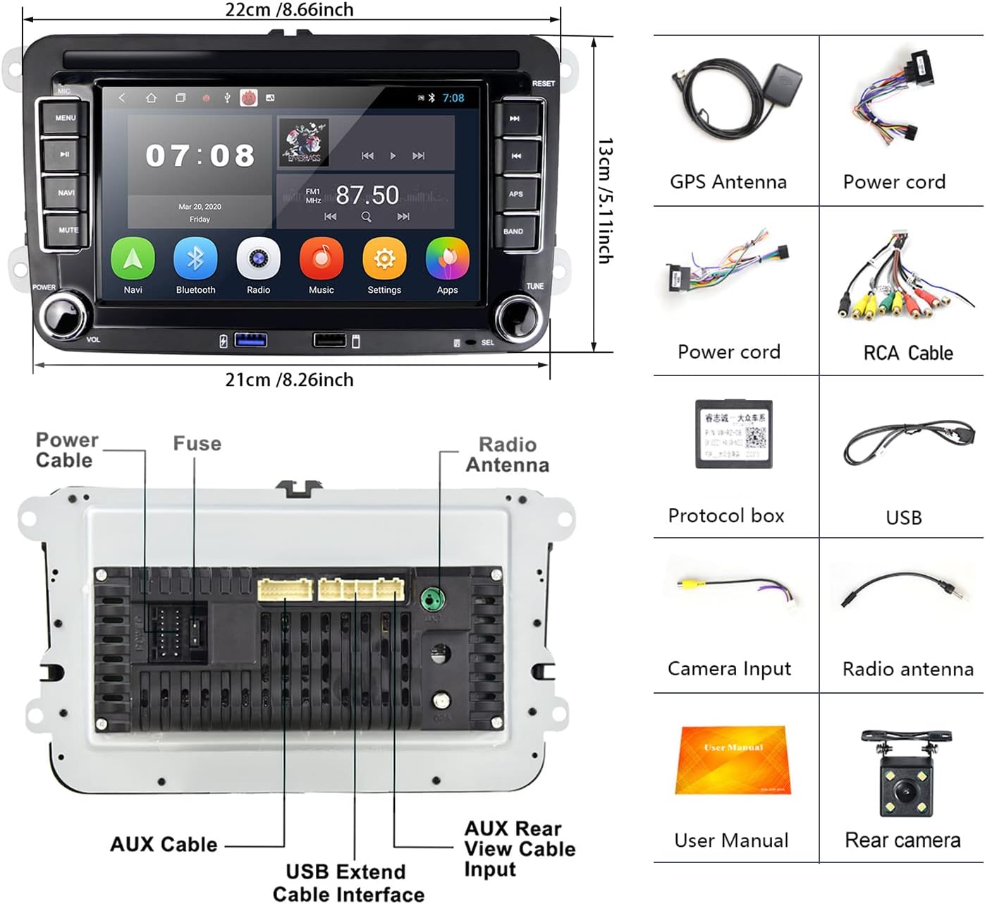 CarpartsX 7" Carplay Android 12 Car Radio GPS Navi AHD Camera 2+32G Compatible for VW Touran Golf 5 6 Polo EOS