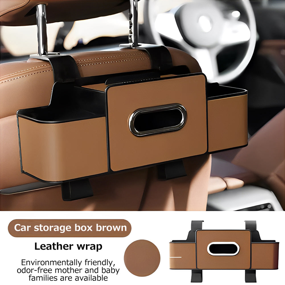 Car Back Seat Organizer with 2 Cup Holders – Leather Rear Seat Storage Box, Tissue Holder & Headrest Hanging Organizer for Family Travel