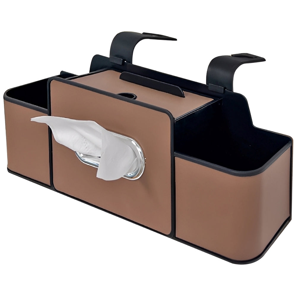 Car Back Seat Organizer with 2 Cup Holders – Leather Rear Seat Storage Box, Tissue Holder & Headrest Hanging Organizer for Family Travel