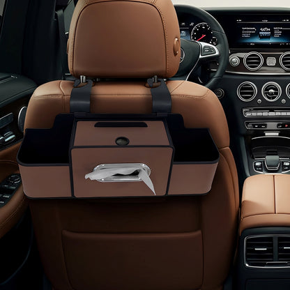 Car Back Seat Organizer with 2 Cup Holders – Leather Rear Seat Storage Box, Tissue Holder & Headrest Hanging Organizer for Family Travel