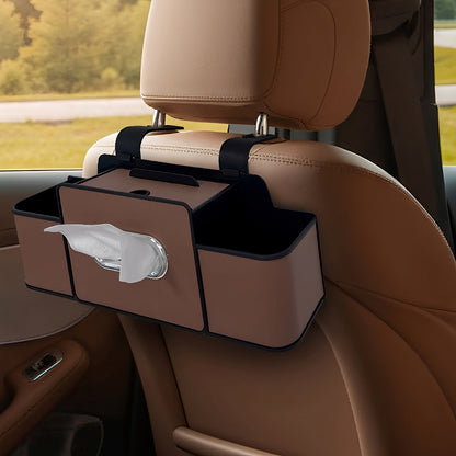 Car Back Seat Organizer with 2 Cup Holders – Leather Rear Seat Storage Box, Tissue Holder & Headrest Hanging Organizer for Family Travel