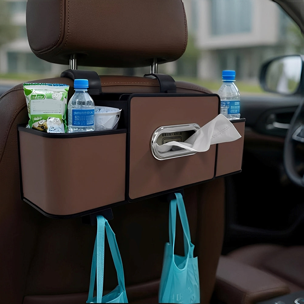 Car Back Seat Organizer with 2 Cup Holders – Leather Rear Seat Storage Box, Tissue Holder & Headrest Hanging Organizer for Family Travel