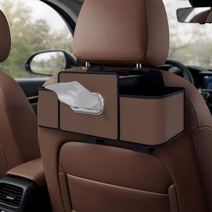 Car Back Seat Organizer with 2 Cup Holders – Leather Rear Seat Storage Box, Tissue Holder & Headrest Hanging Organizer for Family Travel