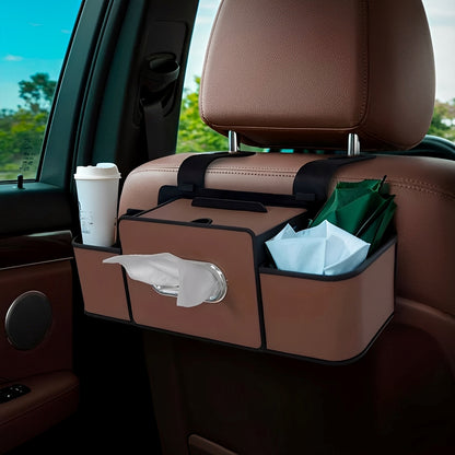 Car Back Seat Organizer with 2 Cup Holders – Leather Rear Seat Storage Box, Tissue Holder & Headrest Hanging Organizer for Family Travel