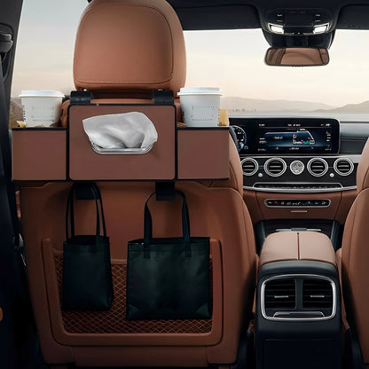 Car Back Seat Organizer with 2 Cup Holders – Leather Rear Seat Storage Box, Tissue Holder & Headrest Hanging Organizer for Family Travel