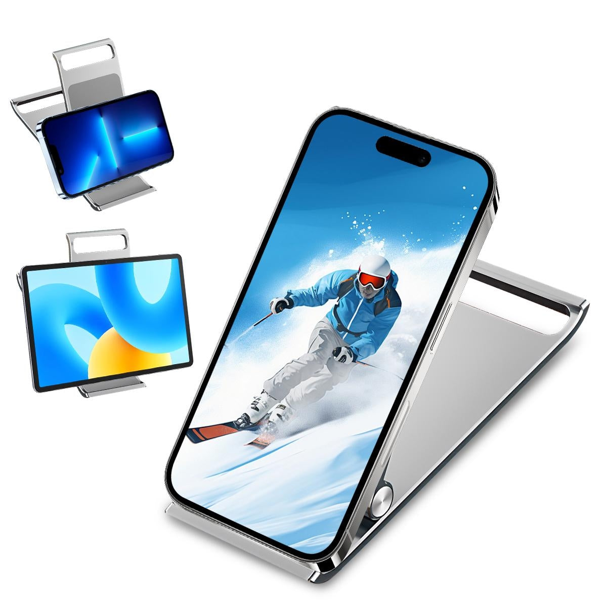 Stainless Steel Adjustable Phone & Tablet Stand for Desk, Foldable 360° Rotating Holder Compatible with iPad Pro/Air/Mini & iPhone 17–12, Ideal for Office, Live Streaming & Video Calls Compact Portable