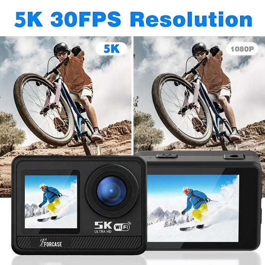 5K Wireless Action Camera, 30FPS Ultra HD Video, 12MP Photos, Dual Touchscreens, EIS Stabilization, App Control, Webcam Mode, 256GB Card Included
