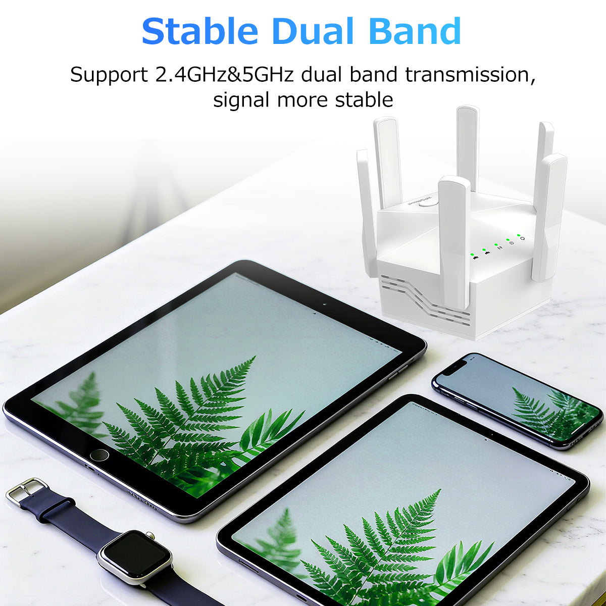 Upgraded 6-Antenna WiFi Extender, 1200Mbps Dual Band Booster, Covers 12,000 sq. ft & 100 Devices, Repeater with Ethernet Port for Home, Office Use