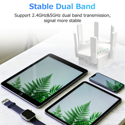 Upgraded 6-Antenna WiFi Extender, 1200Mbps Dual Band Booster, Covers 12,000 sq. ft & 100 Devices, Repeater with Ethernet Port for Home, Office Use