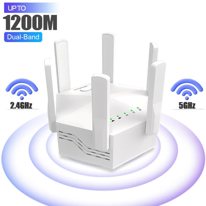 Upgraded 6-Antenna WiFi Extender, 1200Mbps Dual Band Booster, Covers 12,000 sq. ft & 100 Devices, Repeater with Ethernet Port for Home, Office Use