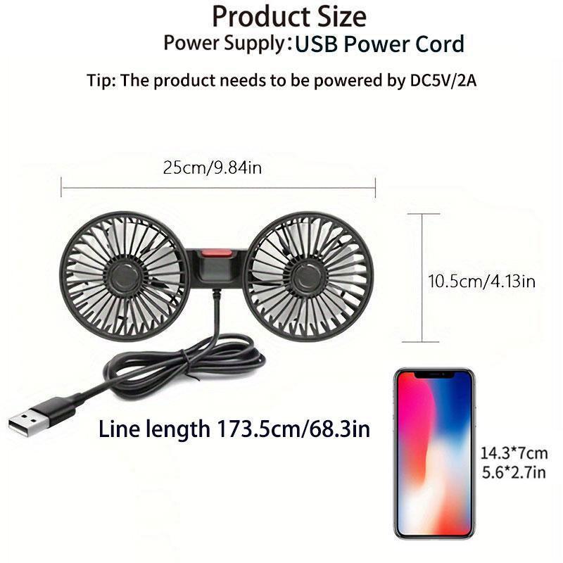 CarpartsX Adjustable Car Backseat Fan, 1 Count Summer Essential Double-head Electric Fan with Seat Clip, Car Interior Diffusers, Strong Wind Rear Seat 360 Degrees Rotation Large Air Volume Fan, Men Gifts, USB Car Fan, Car Ventilation Tools