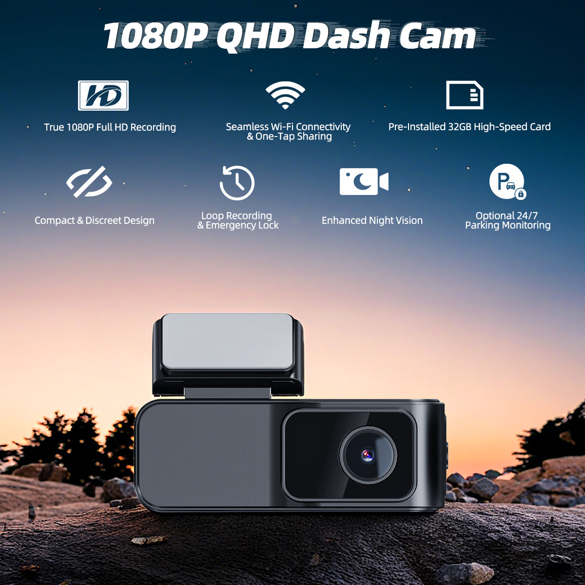 Dash Cam 1080P Car Camera, Front Dash Camera for Cars, Mini Dashcams for Cars with  Night Vision, Recording with 32GB, G-Sensor & 24H Parking Mode