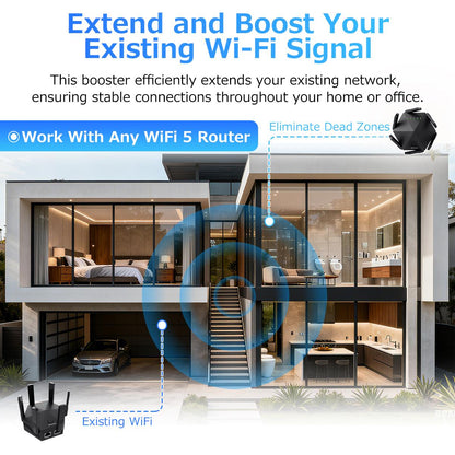 Upgraded 6-Antenna WiFi Extender, 1200Mbps Dual Band Booster, Covers 12,000 sq. ft & 100 Devices, Repeater with Ethernet Port for Home, Office Use