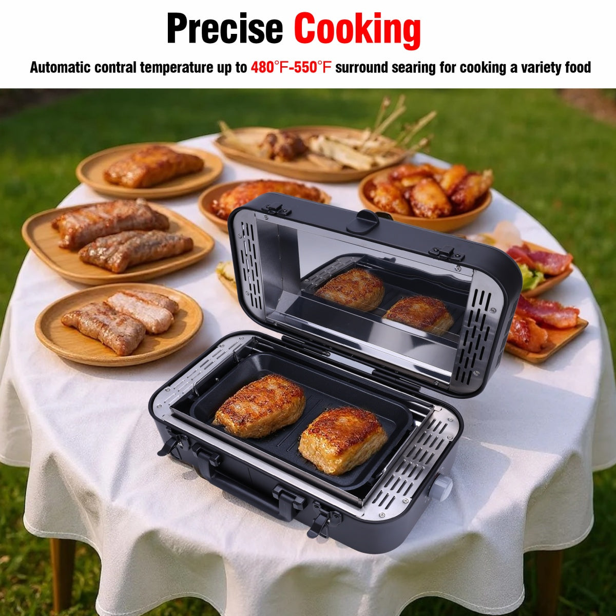 CarpartsX Portable Smokeless Electric Grill for Outdoor, Infrared Quartz Heating, Nonstick, Adjustable 480-550°F, Fast Cooking for Steak, Chicken & Sausages