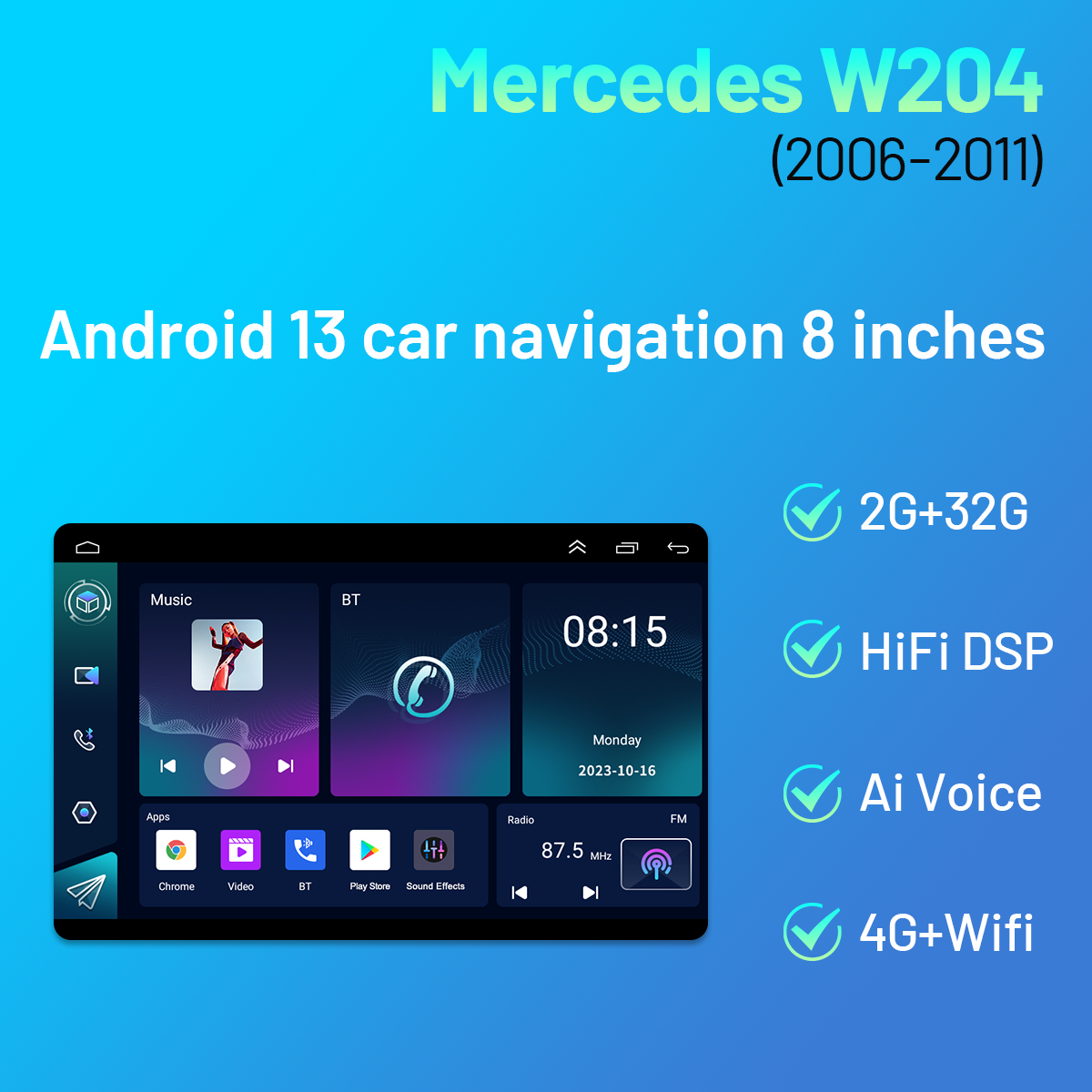 CarpartsX Android 13.0 Car Stereo Radio Player for Mercedes-Benz W204 2006-2011 8 Inch Touch Screen Car Audio Receiver with GPS Navigation Bluetooth Head Unit Supports Backup Camera, 2G+32G