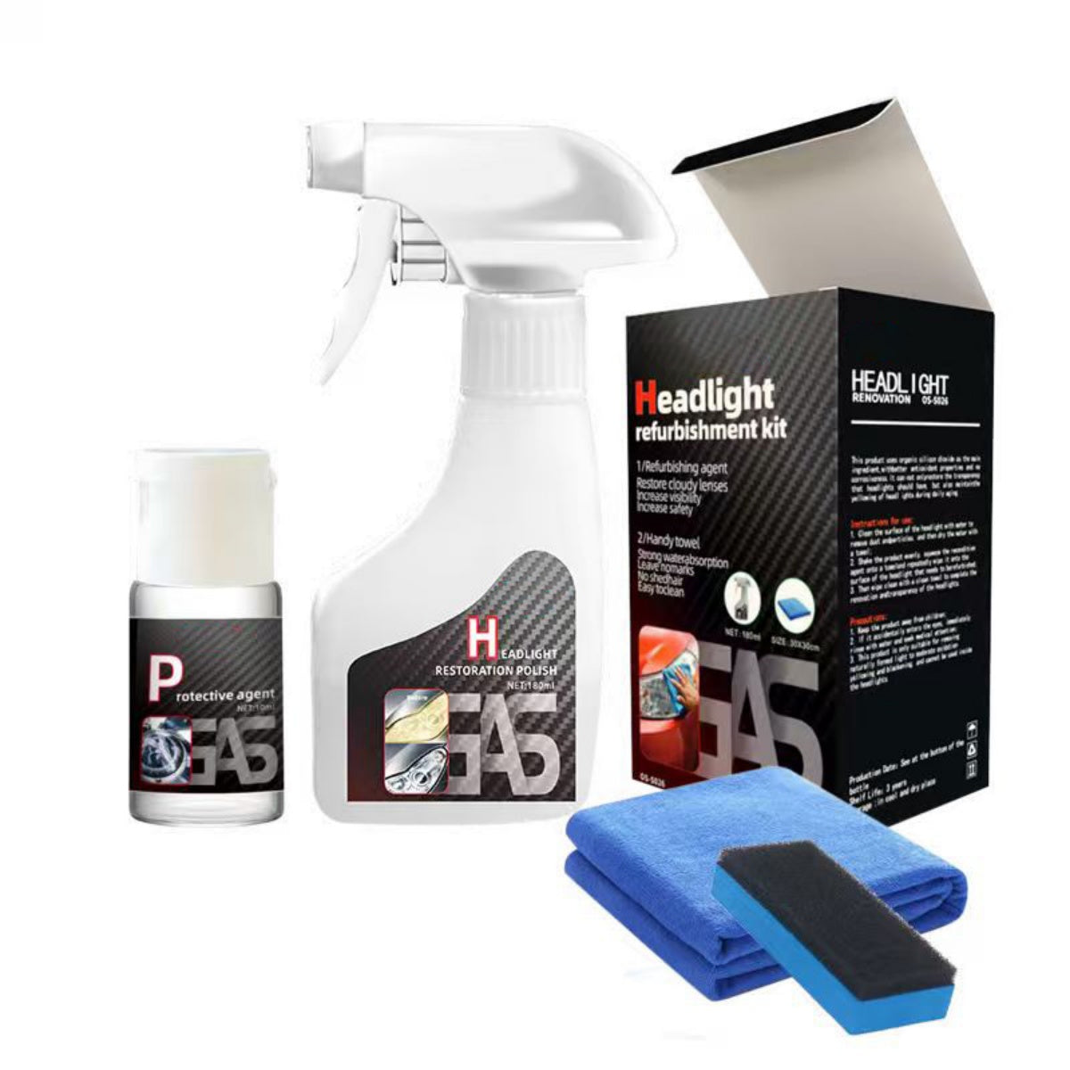 Car Headlight Restoration Kit – 180ML Polish Fluid with Protective Agent, Towel & Sponge for Automotive Headlight Repair & Refurbishing