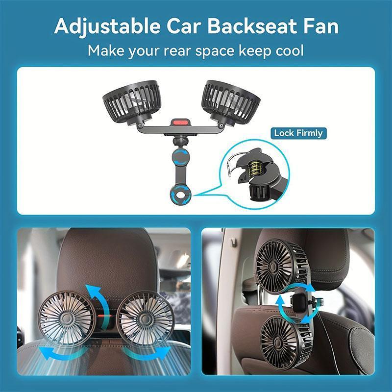 CarpartsX Adjustable Car Backseat Fan, 1 Count Summer Essential Double-head Electric Fan with Seat Clip, Car Interior Diffusers, Strong Wind Rear Seat 360 Degrees Rotation Large Air Volume Fan, Men Gifts, USB Car Fan, Car Ventilation Tools