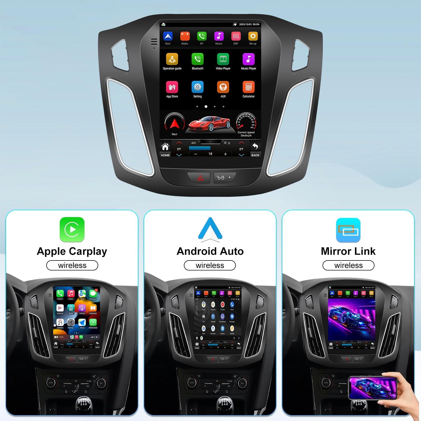 CarpartsX 12-18 Ford Focus Android 13 car navigation 9.7 inches (vertical screen with buttons) built-in Carplay + Android auto / 2 + 32G + long license plate camera