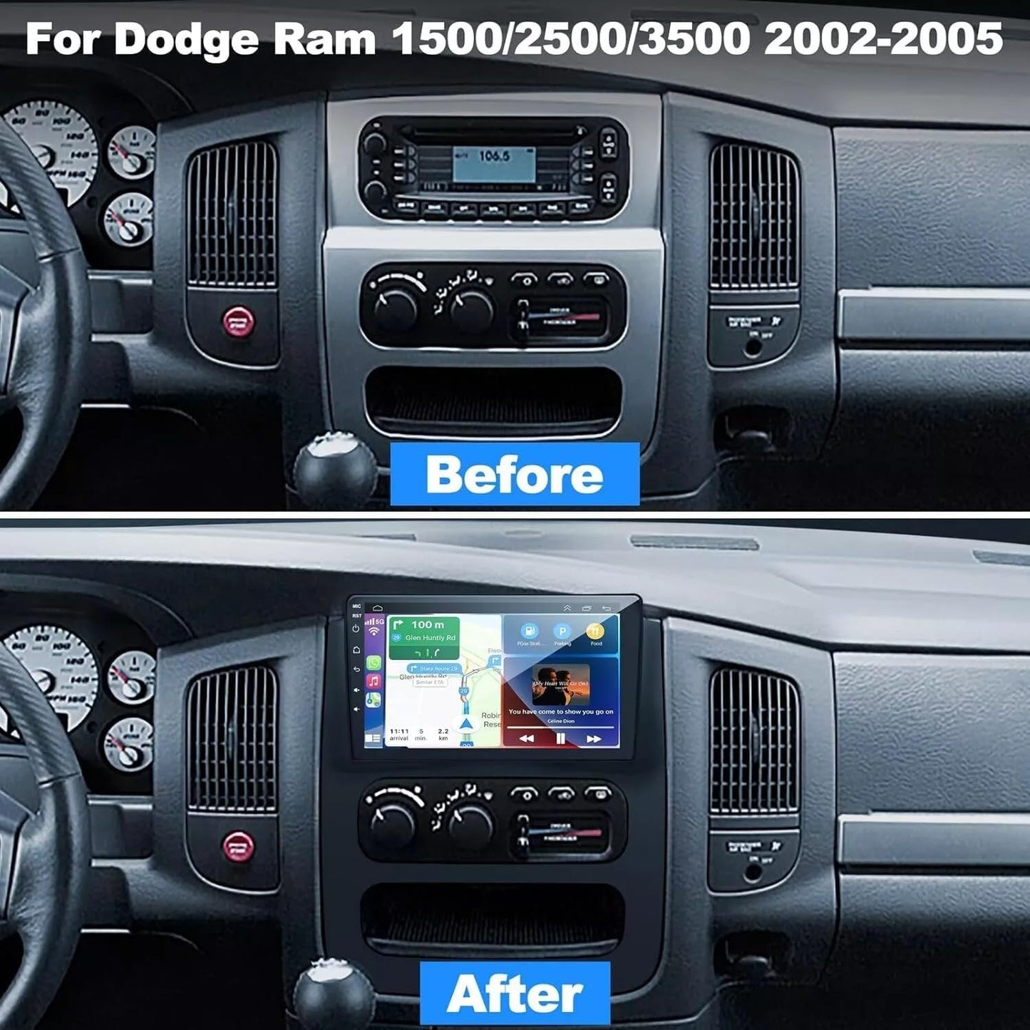 CarpartsX Android 13 Car Stereo for 2002-2005 Dodge RAM 1500/2500/3500 Trucks, 9" HD Touchscreen, Wireless CarPlay & Android Auto, GPS, Bluetooth, Wi-Fi, AHD Backup Camera & Microphone