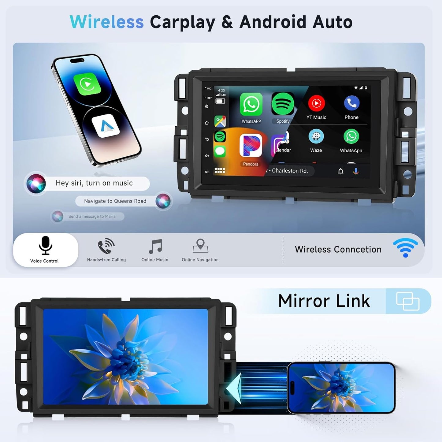 CarpartsX And​​roid 13 カーステレオ シボレー GMC 用 - 7 インチディスプレイ、CarPlay および Android Auto、4GB RAM および 64GB ROM、AHD カメラおよびマイク - US 倉庫