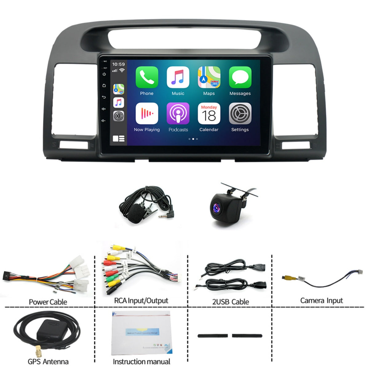 9" Android 13 Car Stereo for Toyota Camry 2000-2006 – 4GB+64GB, Wireless CarPlay & Android Auto, GPS, Bluetooth, WiFi, FM/RDS, AHD Camera