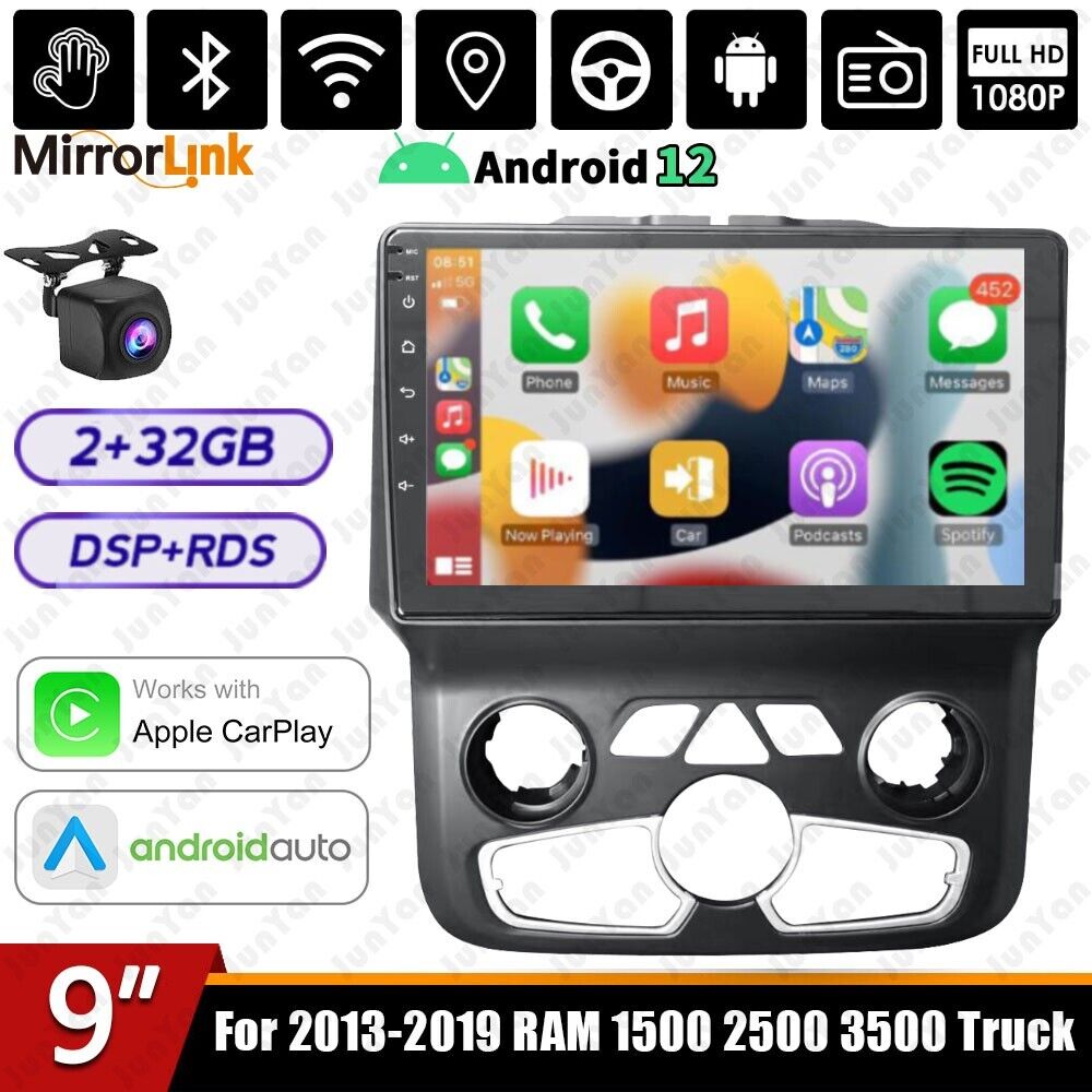 CarpartsX 9-Inch IPS Touchscreen Android 12 Car Stereo for Dodge RAM 1500/2500/3500 2013-2018 with Wireless CarPlay & Android Auto 2+32GB Car Radio, Support GPS, WiFi, Bluetooth, FM, Backup Camera, (Auto AC)