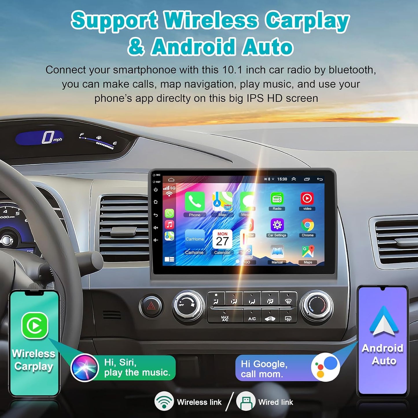 CarpartsX Android 13 Car Stereo for Honda Civic 2006-2011 - 10.1 inch Android Touch Screen Bluetooth Radio, CarPlay & Android Auto, 2GB+32GB, 12 LED Lights, GPS Navigation