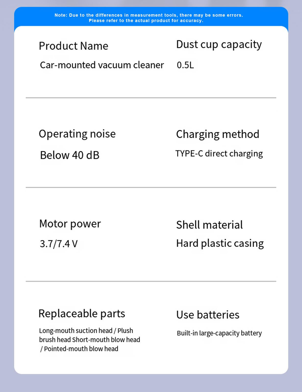 CarpartsX Power Brand 4000Pa Cordless Vacuum Cleaner Wet Dry Inflator for Car & Home No Warranty Included High-Power Handheld Car Vacuum Cleaner