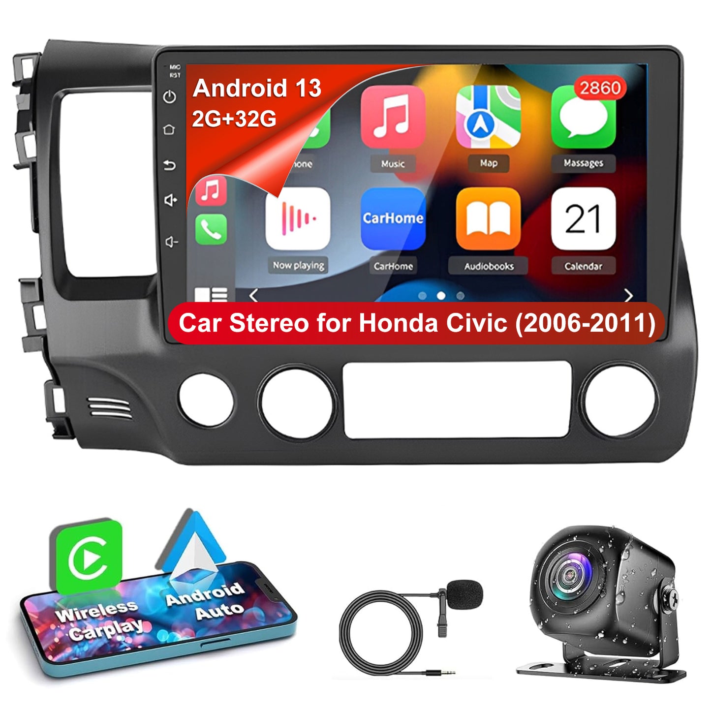 CarpartsX Android 13 Car Stereo for Honda Civic 2006-2011 - 10.1 inch Android Touch Screen Bluetooth Radio, CarPlay & Android Auto, 2GB+32GB, 12 LED Lights, GPS Navigation